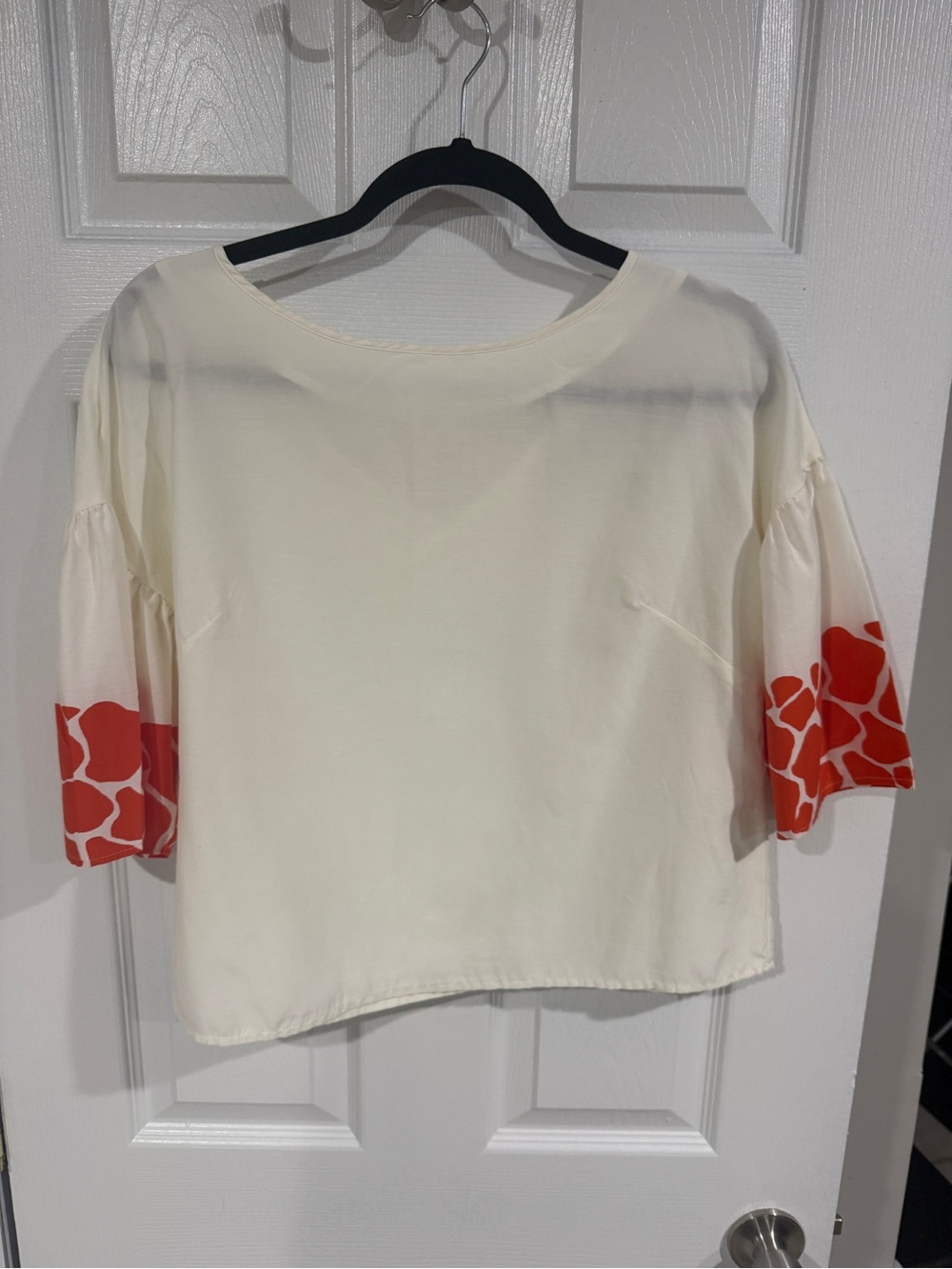 Marie Oliver Cream Shell Blouse with Red Orange Printed Sleeves